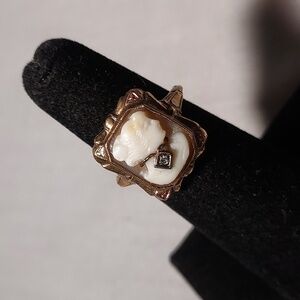 Vintage Hand Carved Cameo Ladies Ring With Diamond